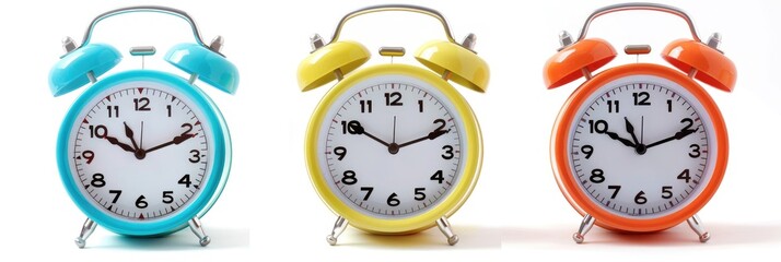 set 3 colorful alarm clocks on white background