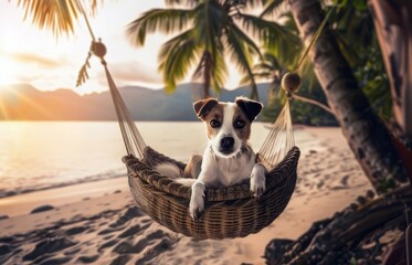 Cute dog in cozy wicker hammock hanging from a tree on a tropical beach. Summer sea travel and relaxation concept. Summer sea weekend.