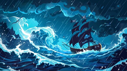 The pirate ship in the storm sea is surrounded by a black skull flag sailboat game scene. Tragedy weather dramatic fantasy landscape. Scary waves and precipitation in a stormy sea.