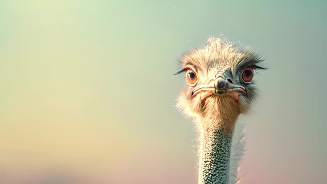 Curious ostrich portrait with aqua background