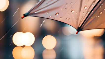 Open Umbrella in the Rain: Close-up with Blurred Background. Perfect for: Weather-related Graphics, Rainy Day Concepts, Urban Scenes.