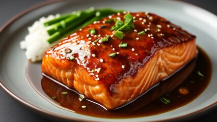  Deliciously grilled salmon with a savory glaze served with steamed rice and a side of green beans