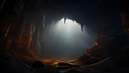 Exploring the Depths: Deep Cave Shrouded in Mystery. Perfect for: Adventure Blogs, Exploration Journals, Mystery-themed Designs.