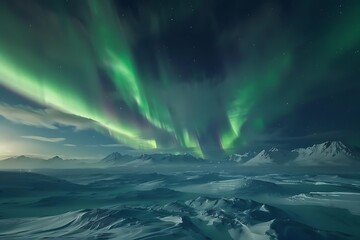 Aurora borealis dancing over a snowy tundra at midnight.