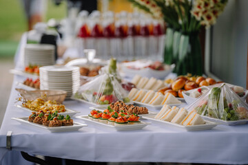 An array of appetizing foods displayed on a catering table, including sandwiches, pastries, and...