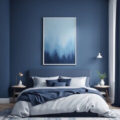  Sky blue or pale pastel tone bedroom with a blue navy bed. Empty painted wall canvas art. Mockup light background interior design rich home or hotel. Accent color trend. 3d rendering 