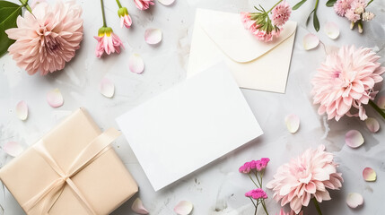 Gift box with ribbon, blank card, surrounded by elegant pink flowers and petals on a white textured surface, ideal for special occasions and messages of love or appreciation.