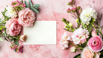 A blank white card adorned with fresh, blooming flowers in shades of pink and white on a textured pink background. Roses and peonies create a soft, feminine arrangement, perfect for weddings