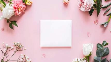 Pink and white flowers surround a blank white card on a soft pink background, perfect for invitations or announcements.