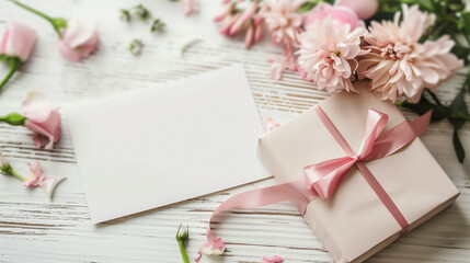 Gift box with pink ribbon, blank card, surrounded by elegant pink flowers and petals on a white wooden surface, ideal for special occasions and messages of love or appreciation.
