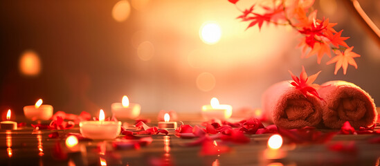 Romantic spa setting with candles, red rose petals, and towels; warm lighting enhances the serene atmosphere, ideal for relaxation and wellness.