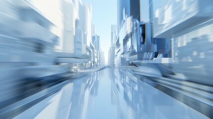 Futuristic cityscape background with glass buildings and skyscrapers blur, using a white and blue color theme, with a minimalist style