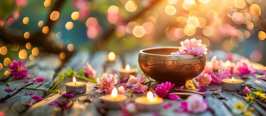 Singing bowl with blooming cherry blossoms, surrounded by candles on a wooden surface, illuminated by the warm glow of sunset; a serene and tranquil atmosphere for meditation and relaxation.