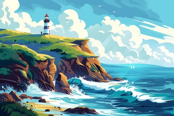 Coastal cliffs with waves crashing and a lighthouse beam