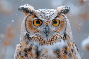 Majestic snowy owl perched with falling snow, its piercing yellow eyes standing out vibrantly