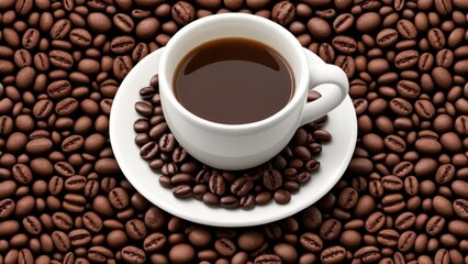  A warm cup of coffee surrounded by the beans of its origin