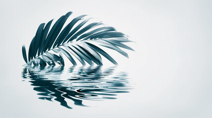 Palm leaf reflecting in tranquil water, showcasing a serene and peaceful atmosphere, ideal for relaxation and meditation themes. 
