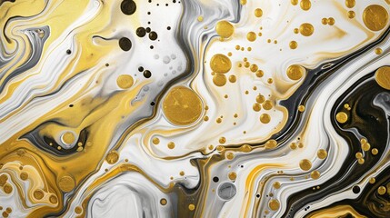 A fluid, marbled texture where ink drops in gold, silver, and black dance and spread across a white...