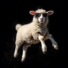 A white sheep with sunglasses, doing dance on black background