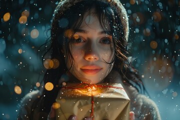 Enchanting portrait of a young woman with wet hair holding a lit-up gift in the rain