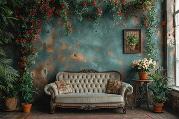 Obraz premium Classic tufted sofa embellished with colorful cushions, surrounded by potted plants and framed artwork, evoking homeliness