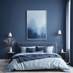  Sky blue or pale pastel tone bedroom with a blue navy bed. Empty painted wall canvas art. Mockup light background interior design rich home or hotel. Accent color trend. 3d rendering 