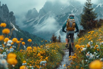 A lone hiker, surrounded by wildflowers, treks through a mountainous meadow, offering a peaceful escape amidst nature