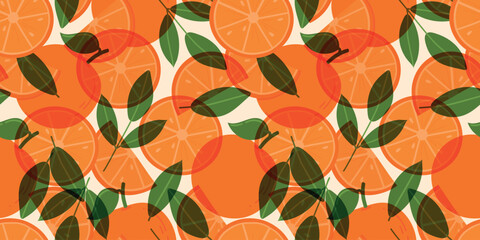 Oranges risoprint seamless pattern. Fresh oranges, leaves and seeds for fabric, drawing labels, wallpaper, fruit background. Slices of oranges background.