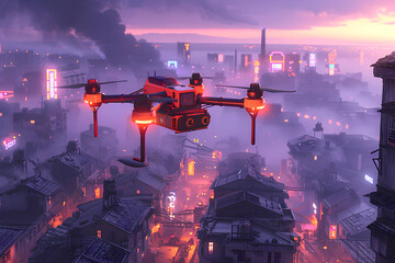 Drone with nuclear battery flying over futuristic city at night
