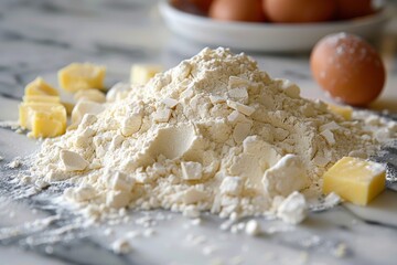 Baking pastry or cake ingredients, brown sugar, butter, flour, eggs and milk with utensil on marble table, ai generated