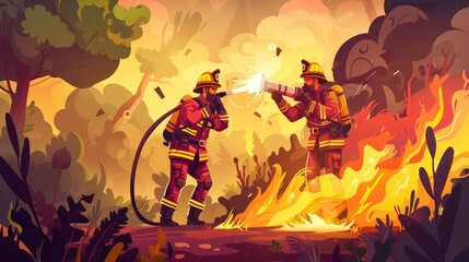 A pair of uniformed firefighters extinguish a forest fire. Modern cartoon illustration of two characters pouring water on a fire caused by a camp bonfire and garbage scattered on the glade. There is