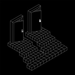 Stairway path to open door. Steps leading into the future concept. Wireframe low poly mesh vector illustration