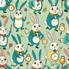 Seamless pattern of whimsical rabbits and their pocket watches, Generative AI