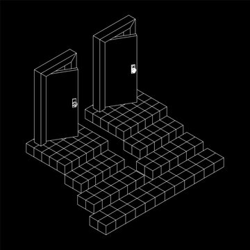 Stairway path to open door. Steps leading into the future concept. Wireframe low poly mesh vector illustration