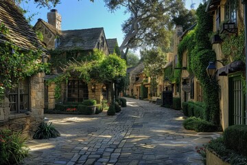 Fototapeta premium Envision a quaint village square surrounded by charming cottages, with ivy-covered walls and cobblestone streets creating a timeless, Generative AI