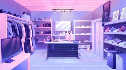 Interior of a fashion cloth boutique. An illustration of a wardrobe shop room inside a modern background. Racks and hangers for clothes in a modern apparel showroom illustration. Monitor on counter