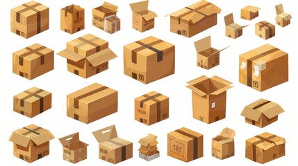 Set of 3D cardboard boxes isolated on white background. Modern realistic illustration of parcel delivery package, closed and open packaging, and product storage at a warehouse.