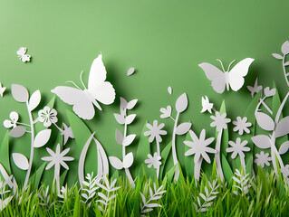 Grass and flowers bloom in nature's garden with butterfly fluttering over grassland, a vibrant illustration of spring's beauty. Paper art and digital craft style
