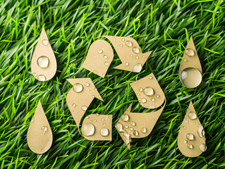 Recycling symbol with water drop on the background of green grass. Water drop and Arrow Recycle, Environmental Protection Concept. Reuse and Recycle Water