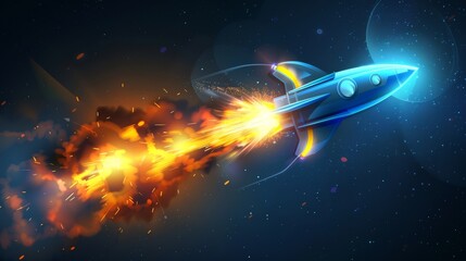 Rocket speed flare effect or missile burst effect. Isolated modern jet takeoff in air or meteor flight in space. Green shuttle engine burn and smoke.