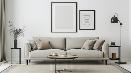 A mockup of an empty poster frame on the wall in a living room, with a sofa and coffee table nearby, on white walls and a carpeted floor, with a lamp stand, a light grey couch with beige cushion.