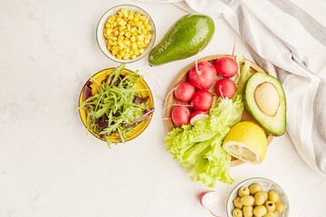 Menu for low carb, FODMAP diet food. Vegetables, fruits, greens, olives. Healthy lifestyle