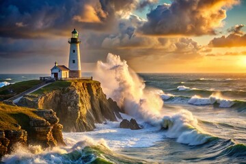 A windswept cliff overlooking the tumultuous sea below, where a solitary lighthouse stands sentinel against the crashing waves, symbolizing hope and guidance in the midst of turmoil photo