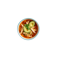 Tortilla soup a spicy tomato broth with shredded chicken crispy tortilla strips and diced avocado