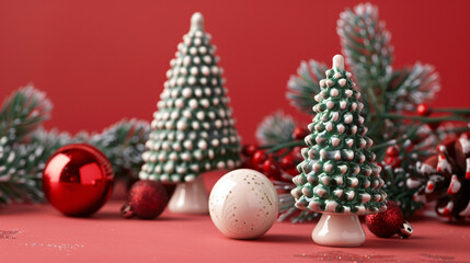 Fototapeta na wymiar Beautiful ceramic Christmas trees and balls 