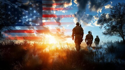 Memorial Day, American Soldiers Walking Through Field With Flag Blowing In The Wind"