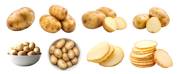 Potato potatoes vegetable, many angles and view side top front cluster group slice cut isolated on transparent background cutout, PNG file. Mockup template for artwork graphic design