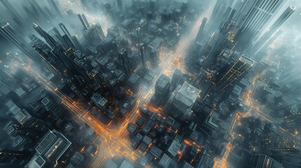 A futuristic cityscape seen from above, where the streets and buildings create a complex, geometric pattern of lights and shadows.