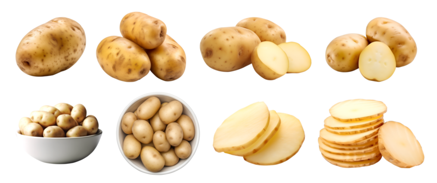 Potato potatoes vegetable, many angles and view side top front cluster group slice cut isolated on transparent background cutout, PNG file. Mockup template for artwork graphic design