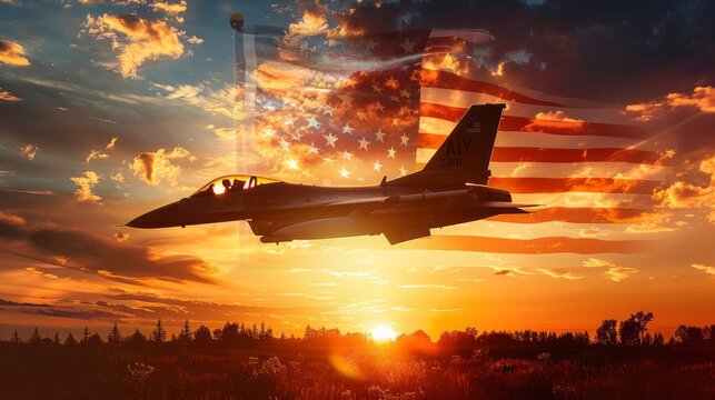 Memorial Day, Fighting Falcon soars through the sky above the American flag. - Powered by Adobe
